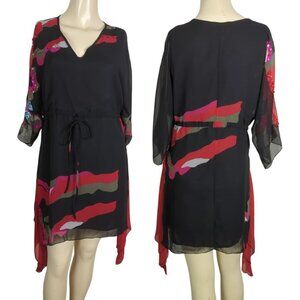 Silk Threads Sheer Black Tunic Dress Sz‎ S With Abstract Pattern Sequin Sleeve